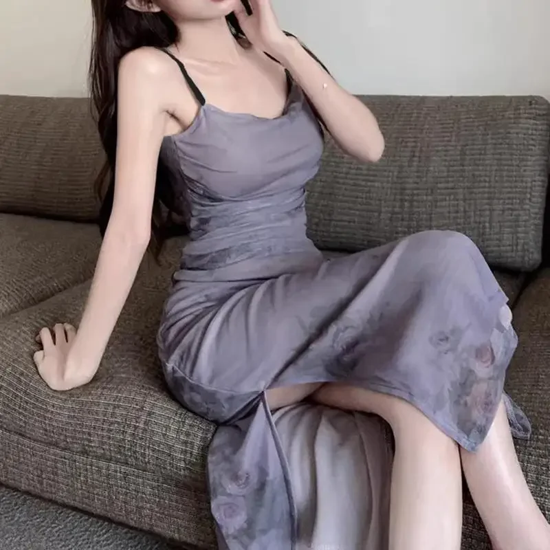 French Style Tank Dress Summer New Flower Tie Pleated Sexy Slims Smooths Your Silhouette Slimming Side Slit Long For Women