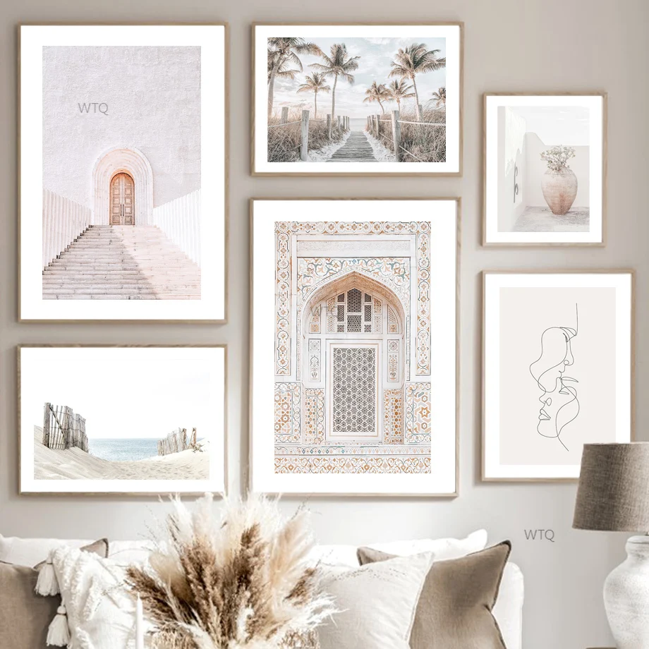 

Марокканская дверь фасад пляж пальмы абстрактные линии скандинавский плакат настенный художественный Принт Холст Живопись Декор картины ...