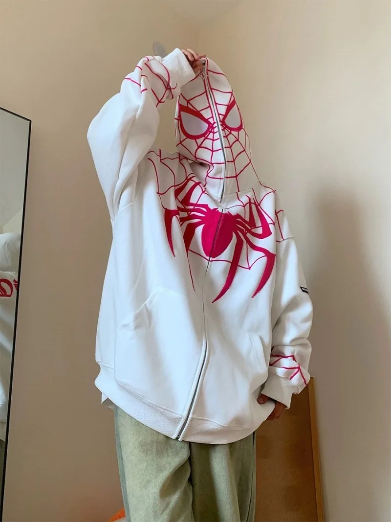 

Harajuku 2023 Streetwear Women Zip Up Hoodie Korean Vintage Spider Embroidery Hoodies Couples Coat New Y2k Oversized Sweatshirt