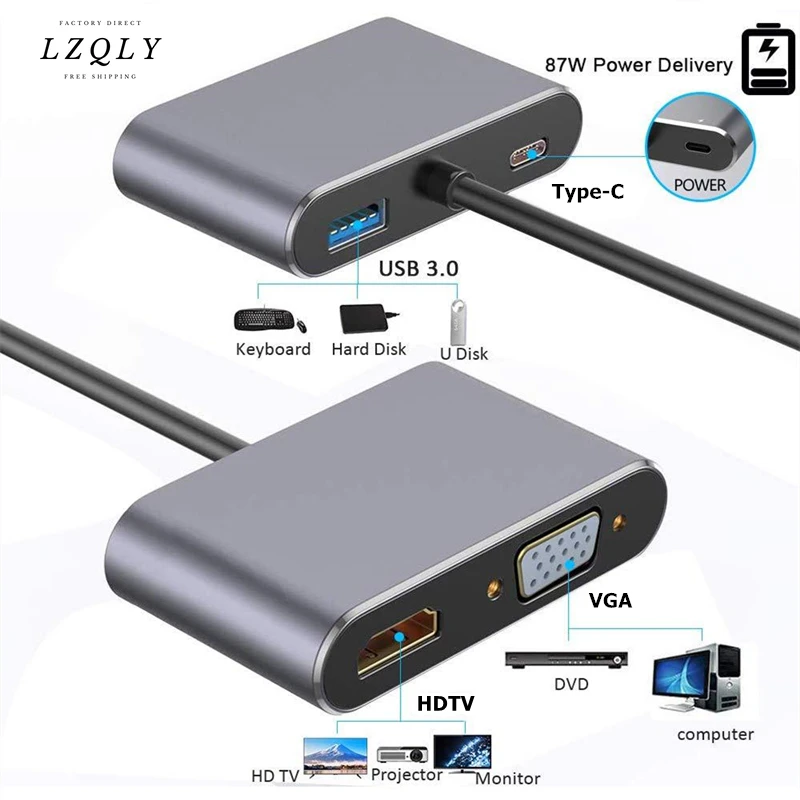

LZQLY Type-C to 4K HDMI-compatible VGA USB C 3.0 Hub Adapter for MacBook Nintendo Samsung S20 Dex Huawei P30 Dock Xiaomi 10 TV