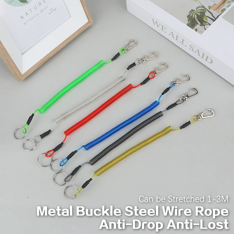 

1.2M Key Lanyard Fishing Missed Rope Key Chain Elastic Coil Stretch Tether Fashion Wire Spring Rope Lockable Metal Key Cord