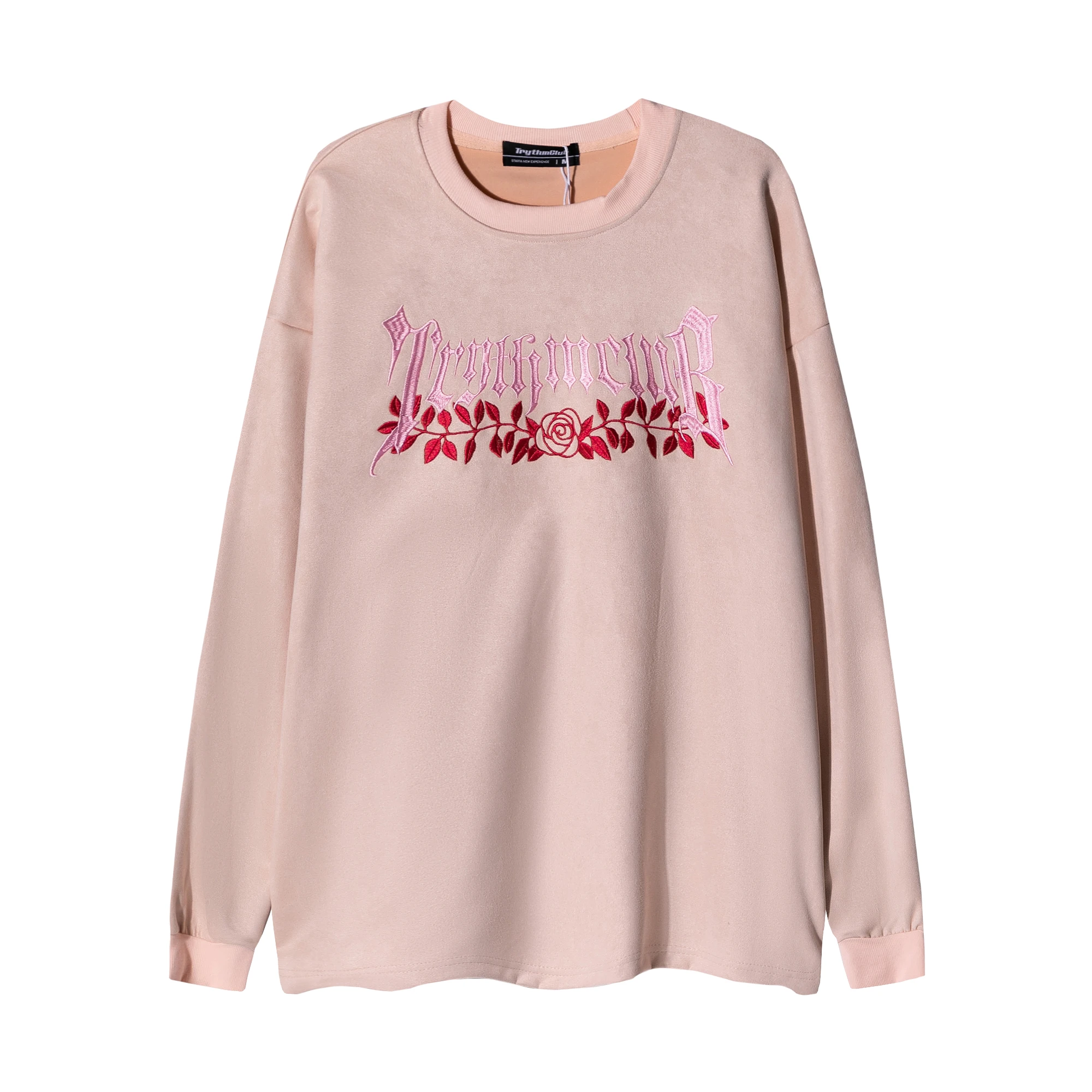 

High Street Rose Embroidered Sanskrit Suede Sweatshirt Men and Women Harajuku Solid Color Round Neck Pullover Hoodie Oversize