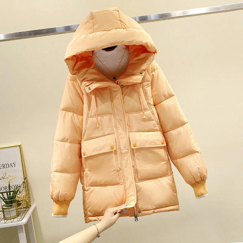

Orange Down Cotton Coat Women's 2022 Winter New Korean Loose Padded Clothes Female 5 Color Thick Hooded Cotton Jacket For Women