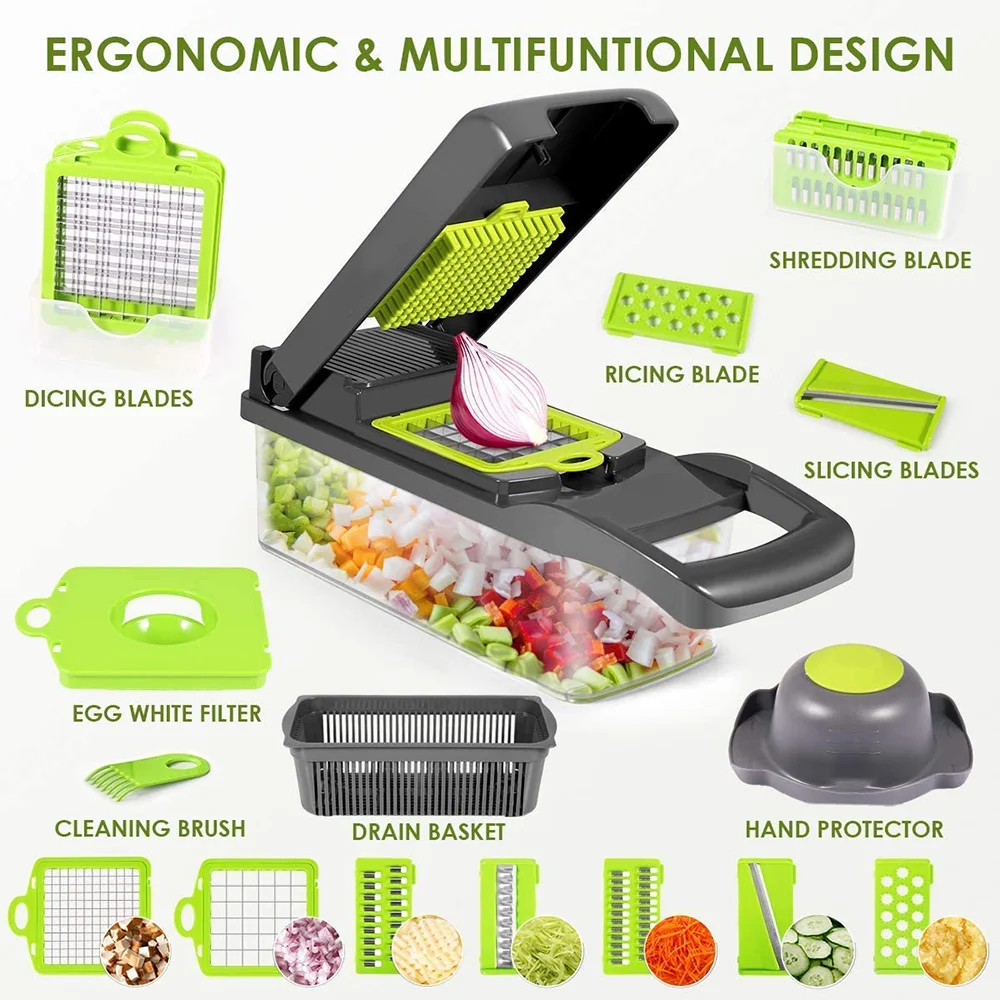 

12 in 1 Multifunctional Vegetable Chopper Onion Dicer with Big Container Fruit Veggie Slicer Potato Carrot Grater Garlic Grinde