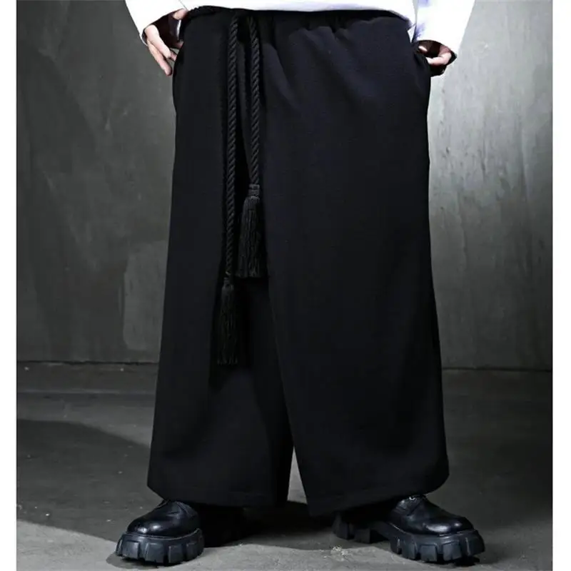 Men's Casual Wide Leg Pants Korean New Fashion Brand Large Black Asymmetric Loose Fashion Dark Wide Leg Skirt Pants