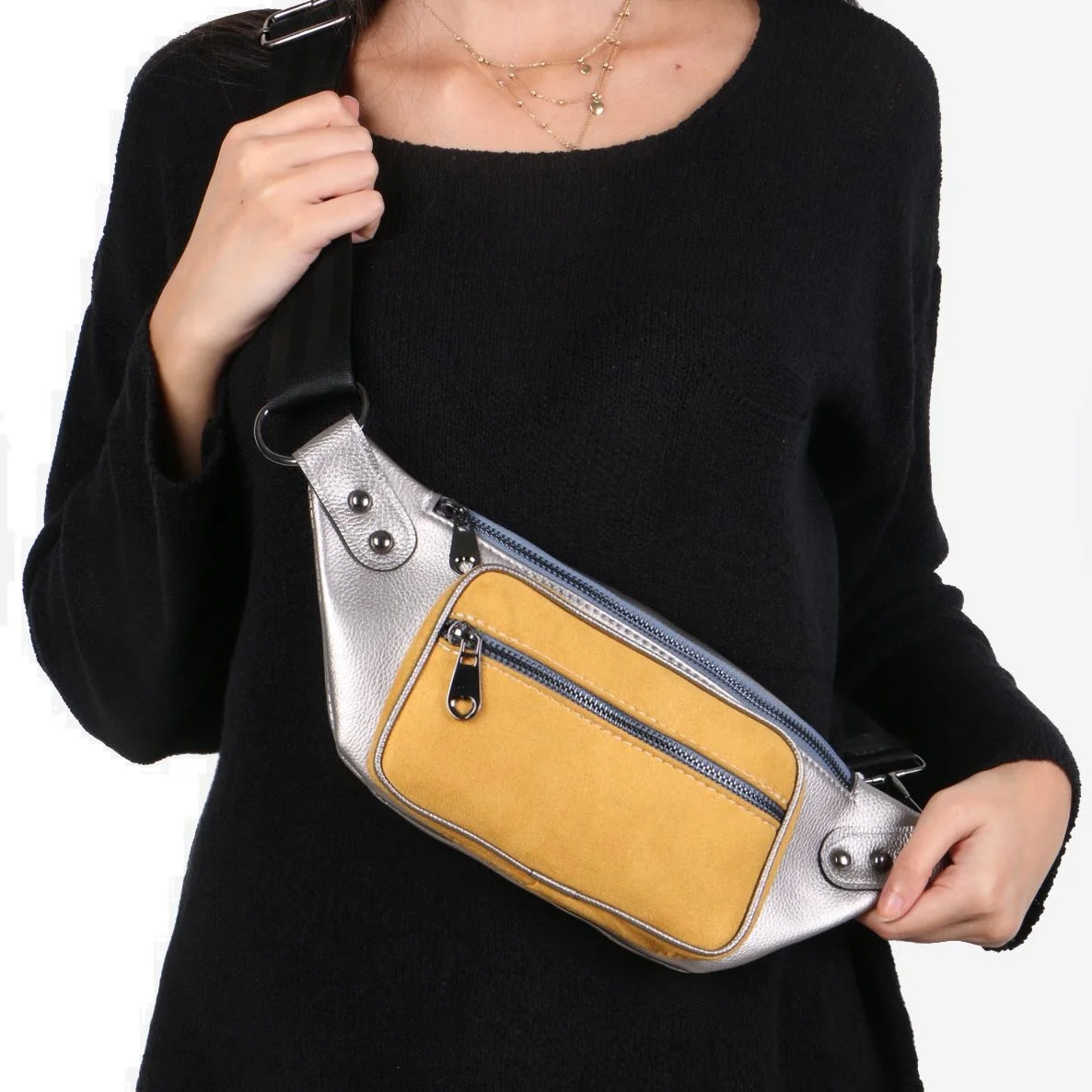 

Tonar Gray And Mustard Suede Zipper Pockets Women 'S Waist Bag Daily Useful New Season