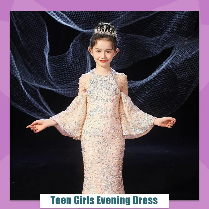 

Teen Girls Evening Dress Pink Sequined Princess Dress Strapless Fringe Halterneck Flared Sleeves Fishtail Host Model Costume