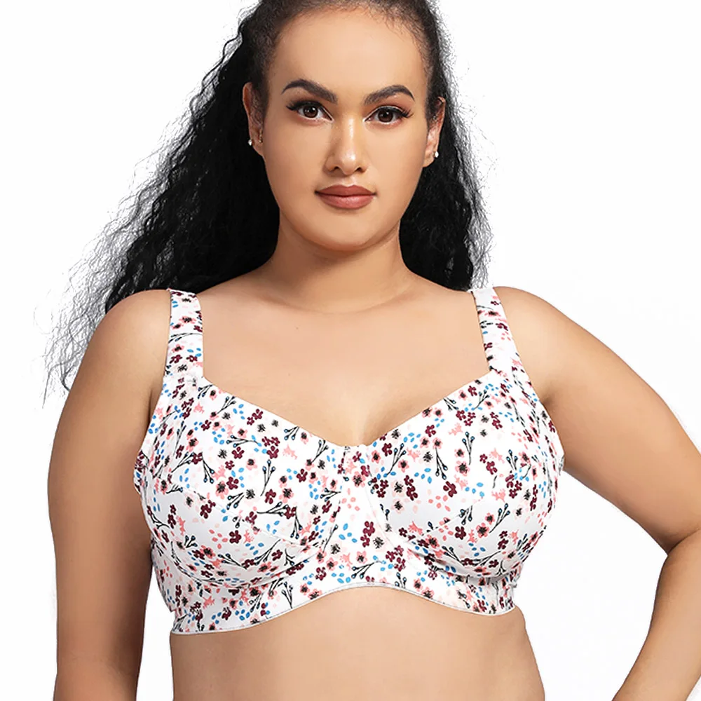 Plus Size Bra Comfort Breathable Bras Women's Underwired Adjustable Flower PrintingTop Full Cup Bra For Women B C D DD E F G
