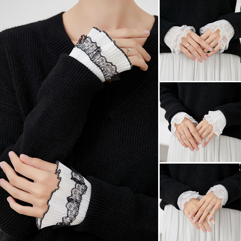 

Korean Mesh Lace Accessories Sleeves Fake Flare Sleeves Elbow Sleeve Cuff Wrist Chiffon Double Pleated Sweaters Arm Decoration