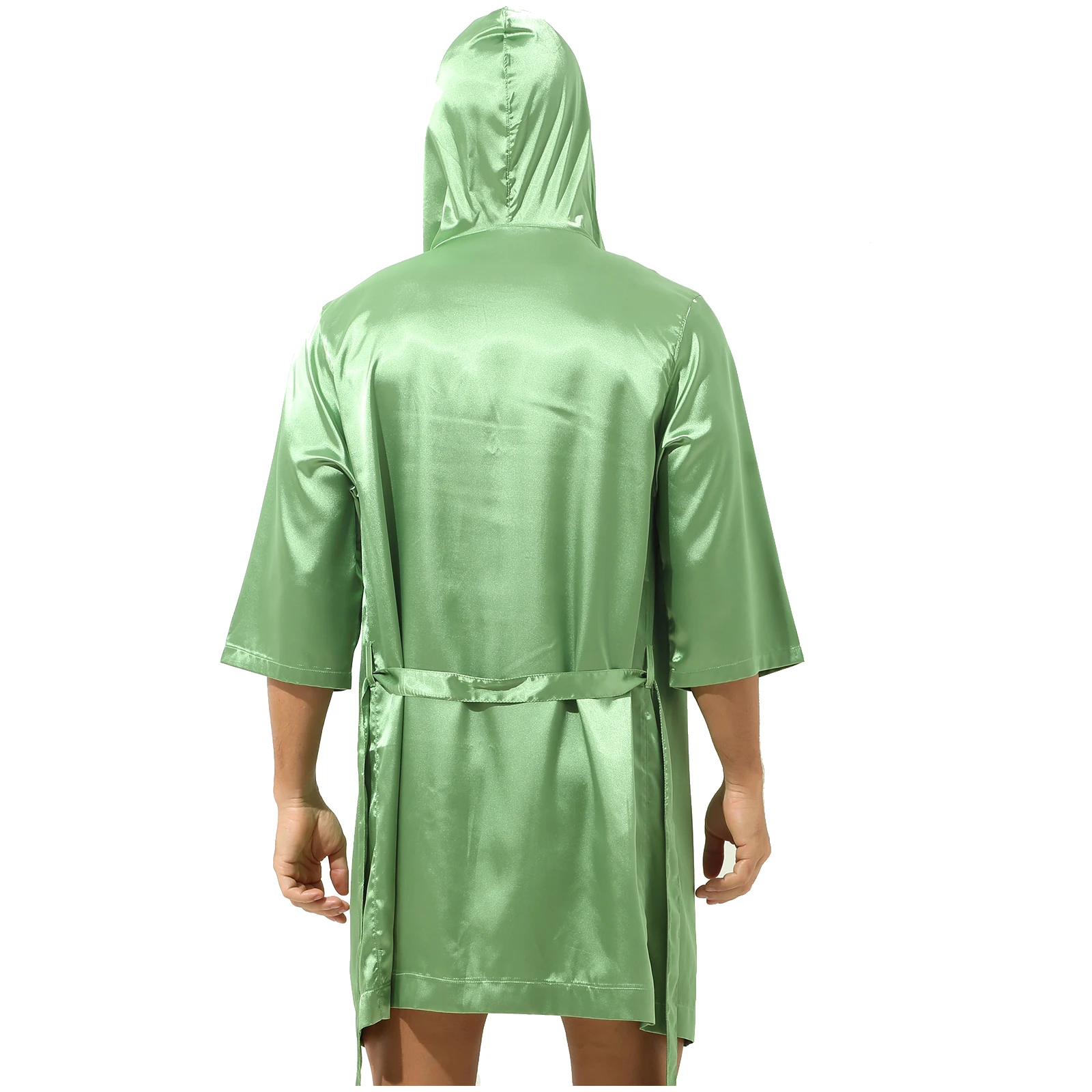 Mens Robe Sets Loungewear Open Front Hooded Night-robe Satin Sleepwear Belted Kimono Half Sleeve Bathrobe Nightwear