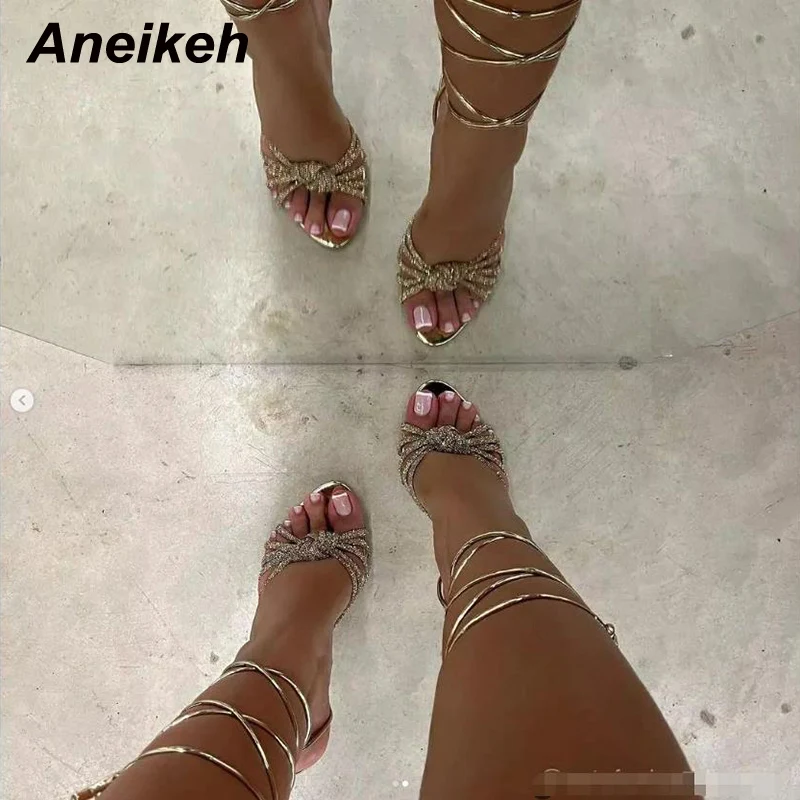 Aneikeh 2023 New Fashion Concise Square Open Toe Narrow Band Ankle Cross-Tied Thin High Heel Women Sandals  Sandals Silver Gold
