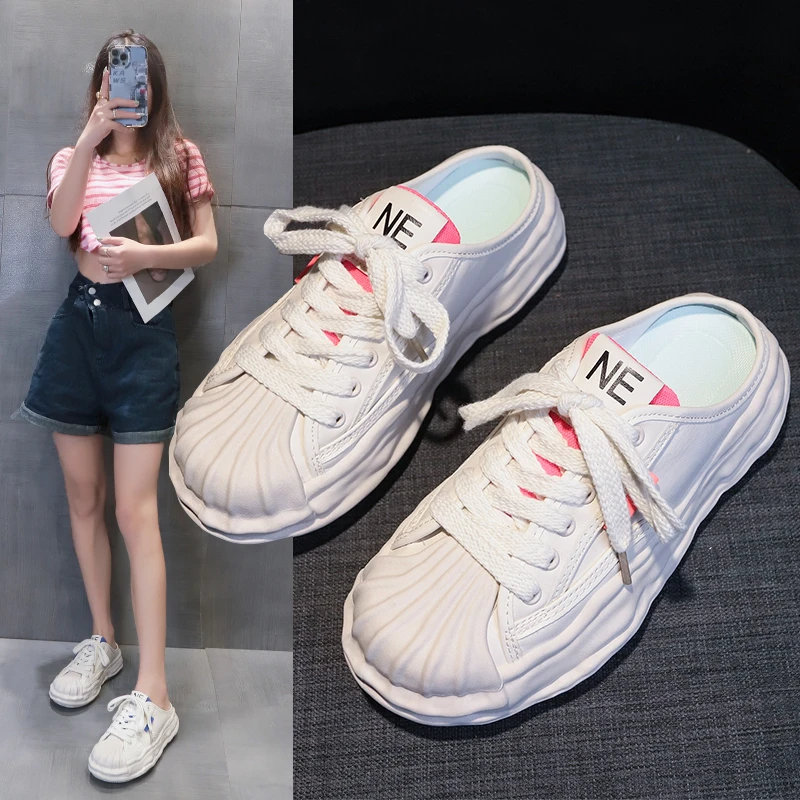 

Ladies Sneakers 2022 Spring/Summer Baotou Slippers Lace Up Platform Sneakers Ladies Vulcanized Shoes Small White Shoes