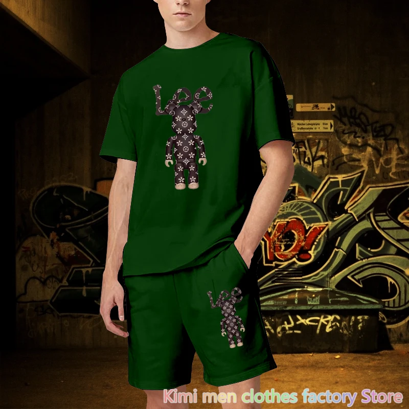 Cotton 2 pieces set Men Short Sleeve T-shirt Shorts Tracksuit Jogging suit Summer tshirt set Bear printing men Short Outfits set