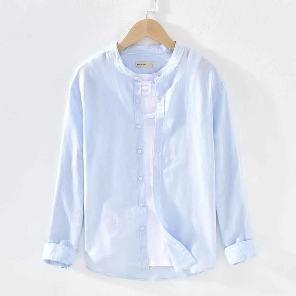 Cotton Linen Hot Sale Men's Long-Sleeved Shirts Solid Color Stand-Up Collar Casual Plus Size