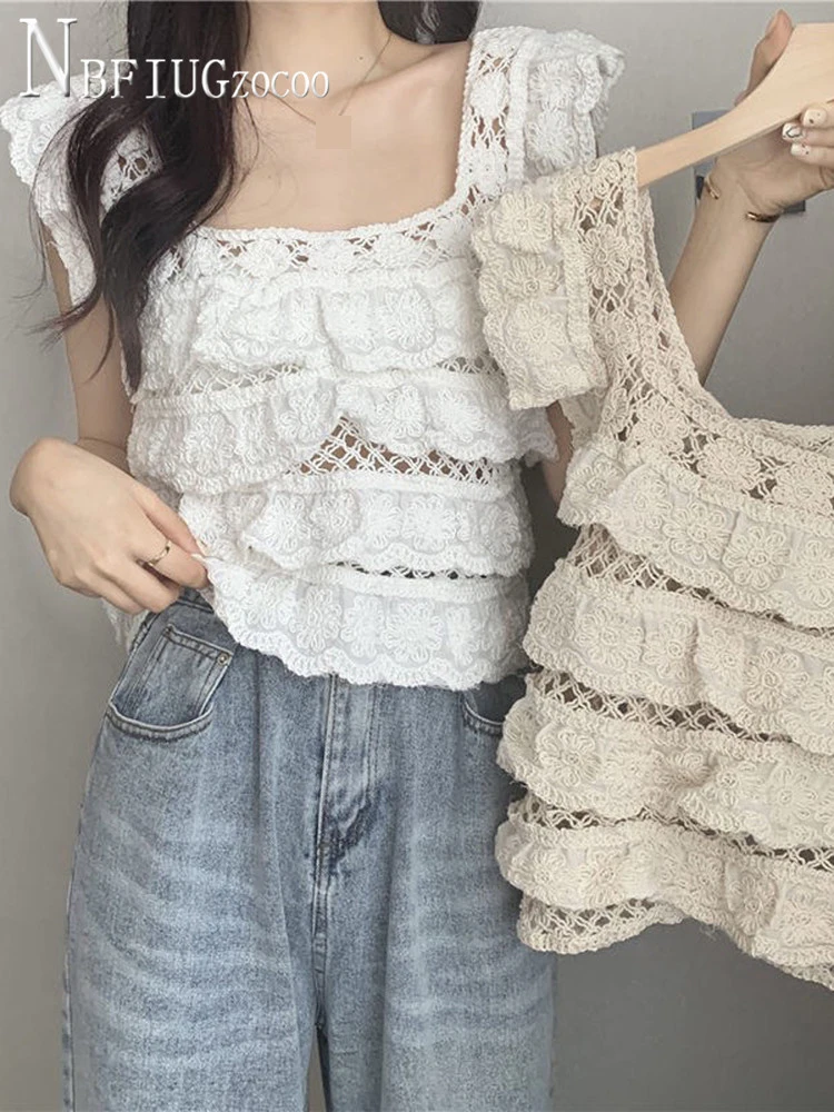 

Женская кружевная блузка без рукавов, Летняя ажурная блузка с квадратным вырезом и оборками