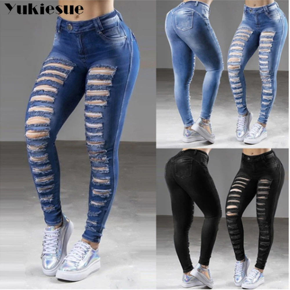 

clothe 2022 womens fashion high waist Women's skinny ripped hole jeans woman denim capris Pants jean mom jeans trousers