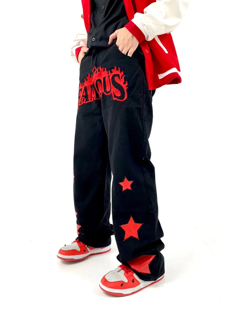 High Street Letter Embroidery Star Patchwork Denim Pants Mens Straight Zipper Jeans Hip Hop Streetwear New Casual Joggers Pants
