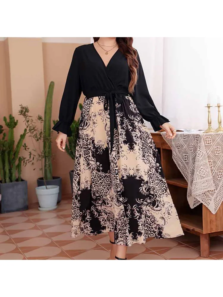 Long dress pullover elastic waist lace chiffon print sexy V-neck dress for women plus size dress  party dress  evening dresses