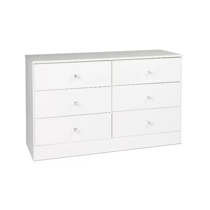 

Prepac Astrid 6 Drawer Wooden Dresser with Crystal Knobs, 16" x 47.25" x 28.25", White