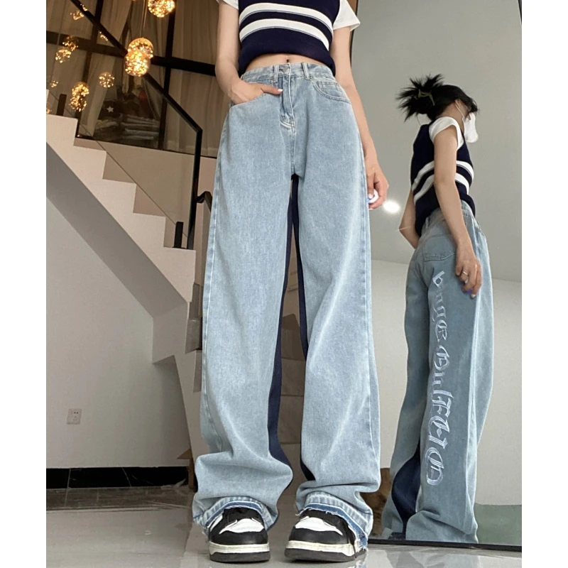 

Джинсы женские с широкими штанинами, винтажные прямые брюки из денима с завышенной талией и надписью, в американском стиле, голубые, Y2K, лето