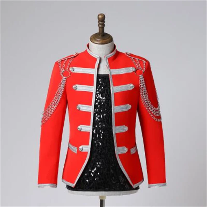 Heavy handmade suits mens blazers red military uniform casual performance male singer prom stage jackets costumes hommes fashion