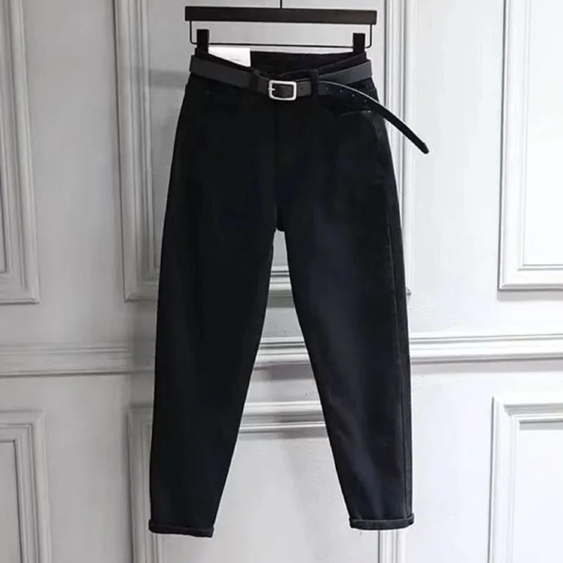 Женские джинсы-шаровары с высокой талией черные повседневные хлопковые брюки до