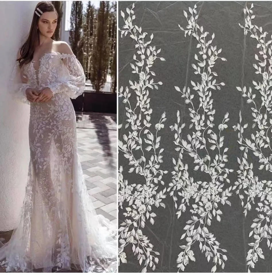 

1 Yard Nicelace Good Quality White Color 3D Chiffon Leaves Embroidery Lace Fabrics For Bridal Gown Wedding Dresses Width 130CM
