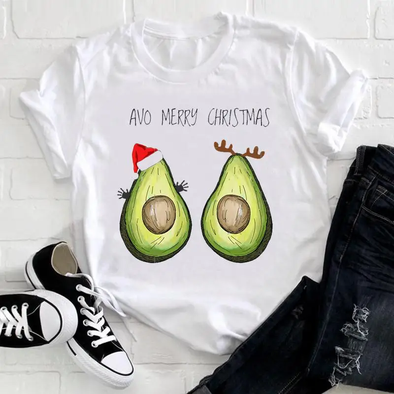 

Merry Christmas Avocado 90s Cute Women Pretty Holiday Nice Top Print New Year Tshirt T Tee Cartoon Fashion Graphic T-shirt