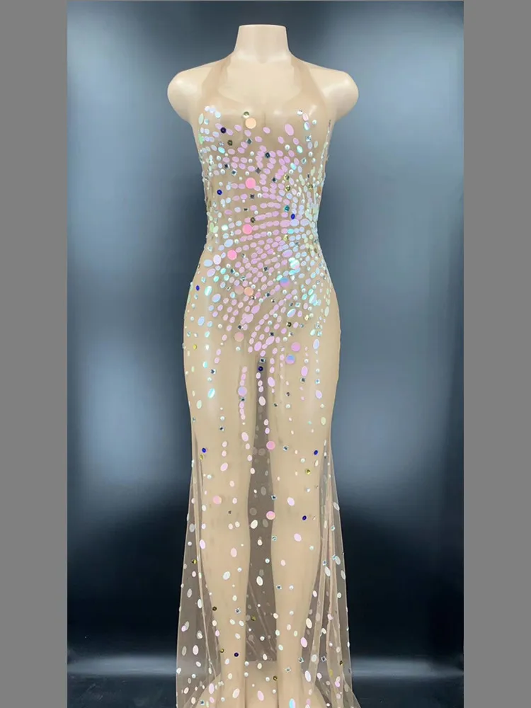 

Sparkly Multi Sequines Women Sleeveless Sexy Halter Bodycon Long Dress Bar Singer Backless Performance Costume Stage Wear