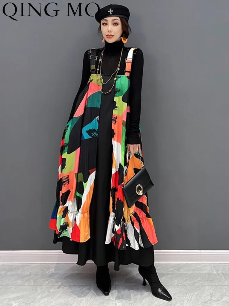 

QING MO 2023 Spring Summer New Korean Fashion Trend Pattern Strap Dress Versatile Women Streetwear Dress ZXF924