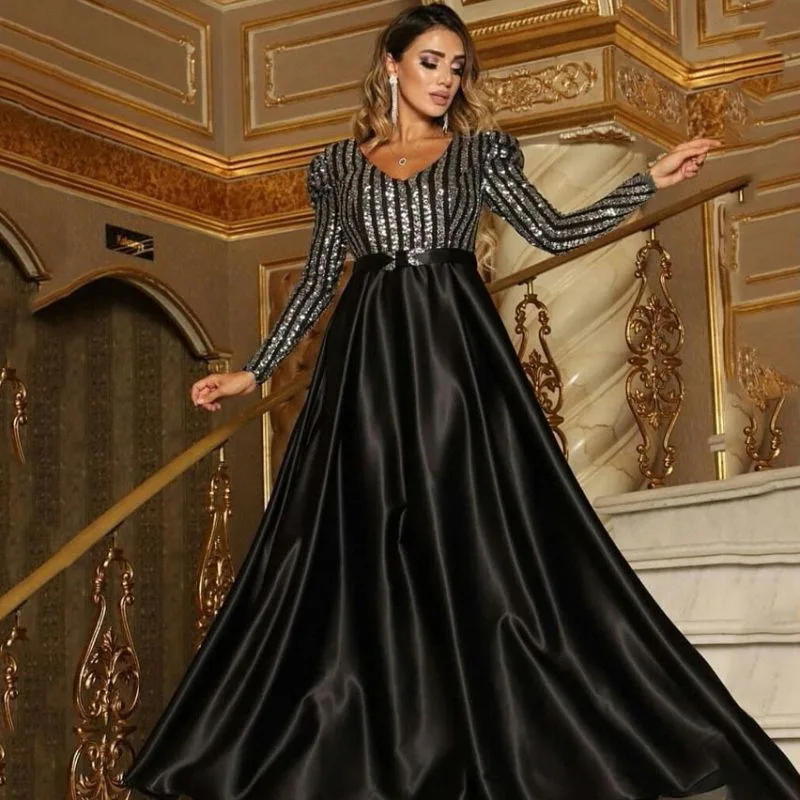 Luxury Evening Dress Long Sleeves V Neck A-Line High Waist Floor-Length Gown 2022 Ever Pretty of Gorgeous Prom Party Women Dress