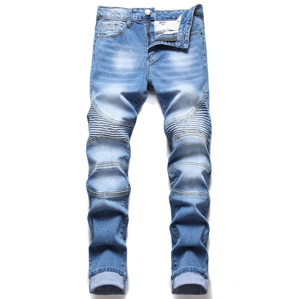 

Men Blue Biker Jeans Classic Pleated Patch Stretch Denim Pants Patchwork Slim Straight Trousers