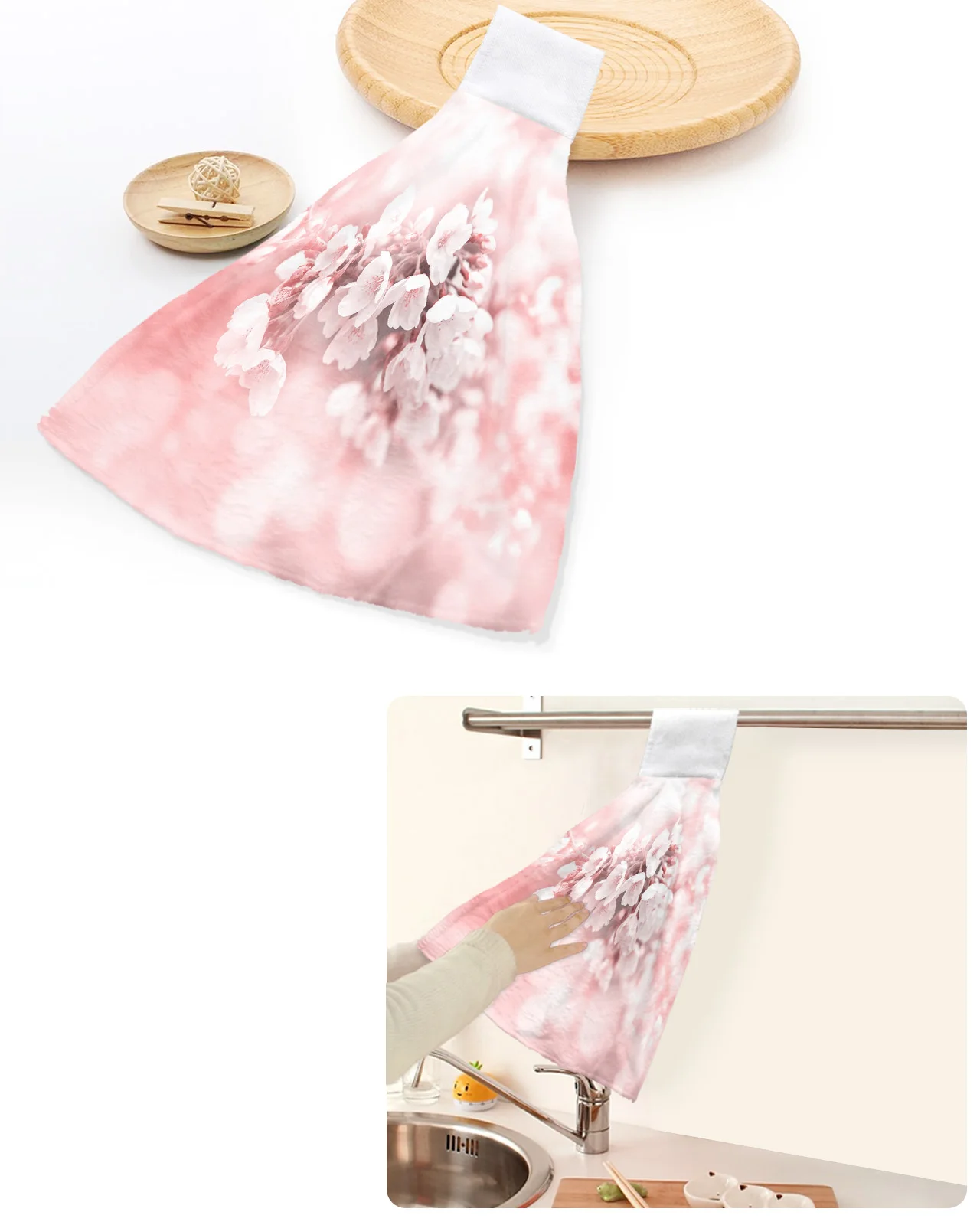 

Flower Plant Cherry Blossom Pink Hand Towels Home Kitchen Bathroom Hanging Dishcloths Loops Soft Absorbent Custom Wipe Towel