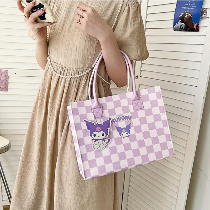 

Sanrio Kawaii Large Capacity Bag Cute Cartoon Checkered Bag Cinnamoroll Melody Crossbody Bag Kuromi Felt Handbag Bag for Girl