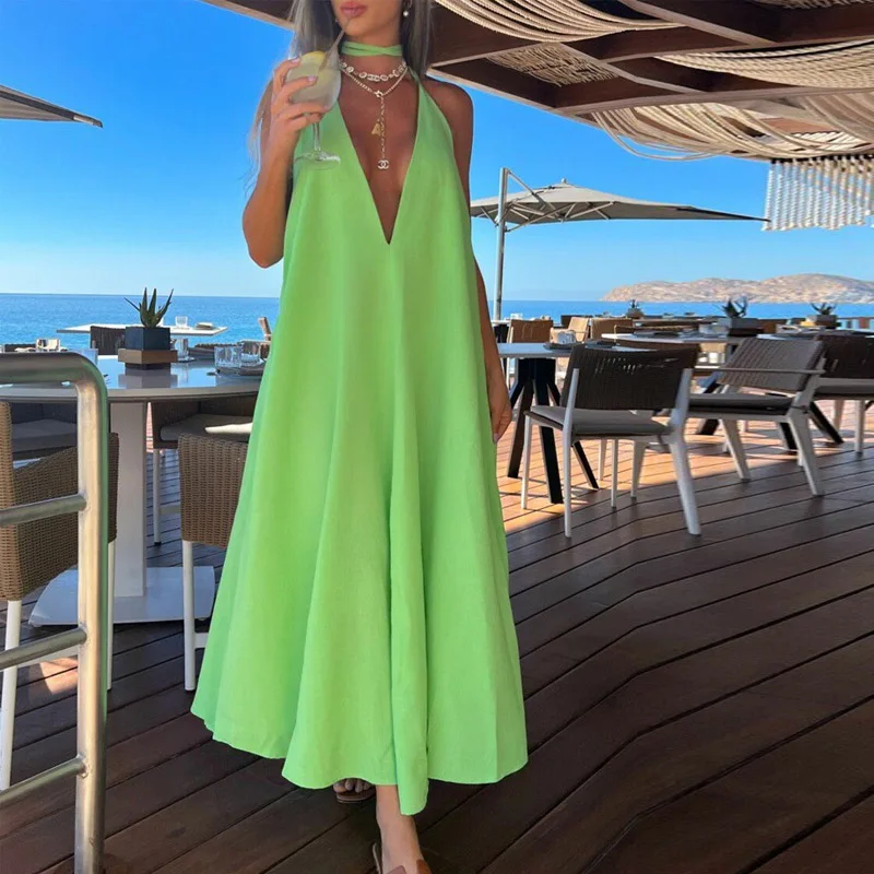 

Sexy V Neck Backless Halter Tie-up Boho Beach Dress Women Fashion Casual Loose Long Dresses Lady Elegant Sleeveless Party Dress