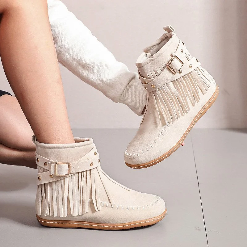

Ankle Boots Tassel Rivets 2023 new fashion Boots Women Round Toe cowboy boots Women Zipper Solid Color Shoes Large Size