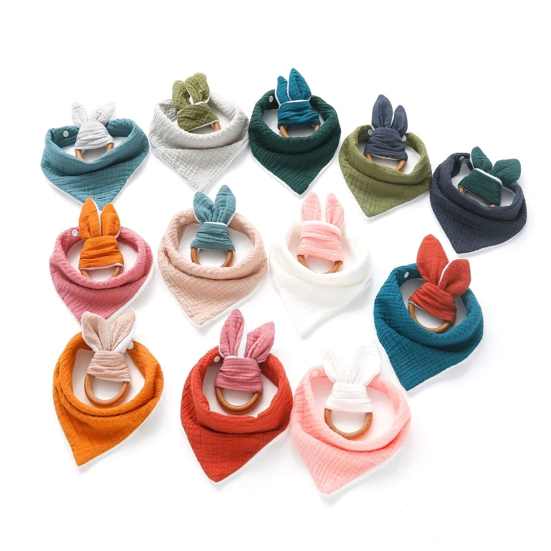 

2 Pcs/Set Baby Bib Wooden Ring Teether Muslin Saliva Towel Burp Cloth Triangular Scarf Molar Teething Toy