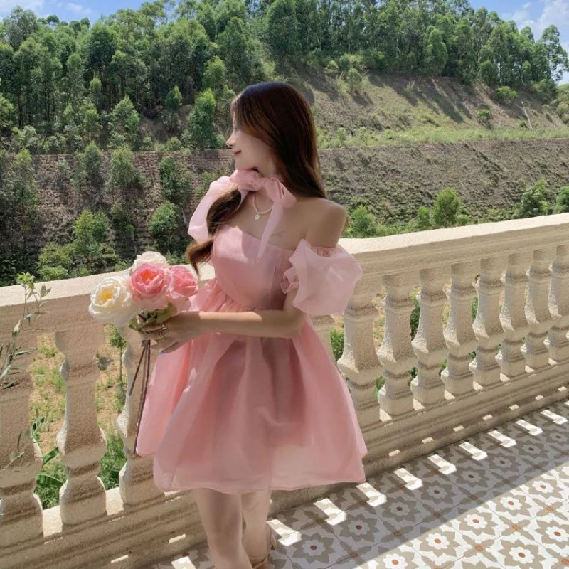 

WDMSNA розовое милое элегантное платье принцессы, женское повседневное корейское приталенное платье с длинным рукавом, женское винтажное платье с открытой спиной