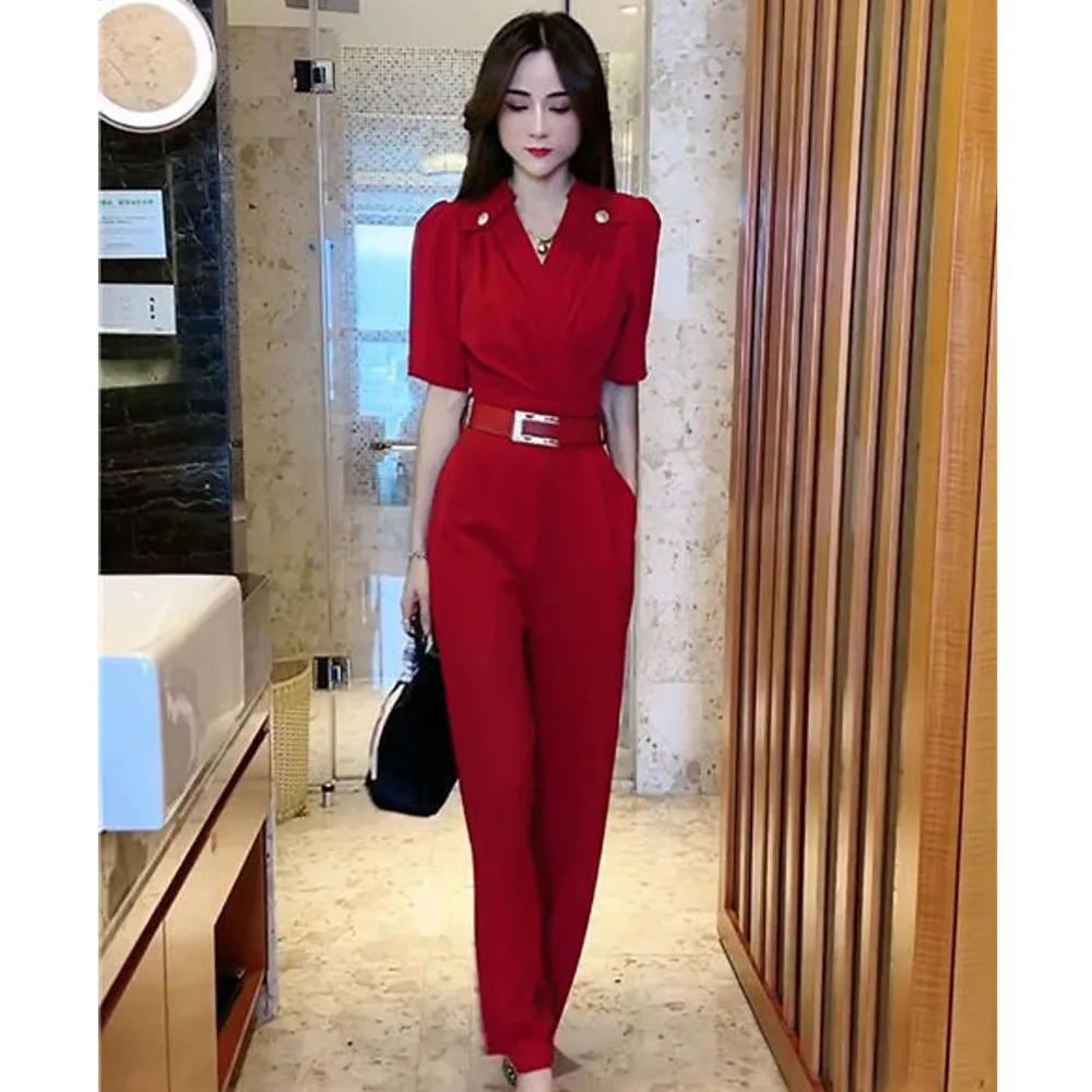 Женский комбинезон с коротким рукавом повседневный облегающий красный высокой