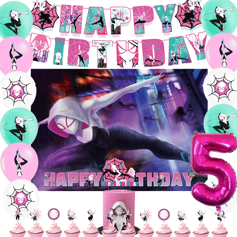 

Cartoon Spider Gwen Theme SuperHero Pink Girls Birthday Party Decor For Girls Banner Spiderman Balloons Cake Topper Baby Shower