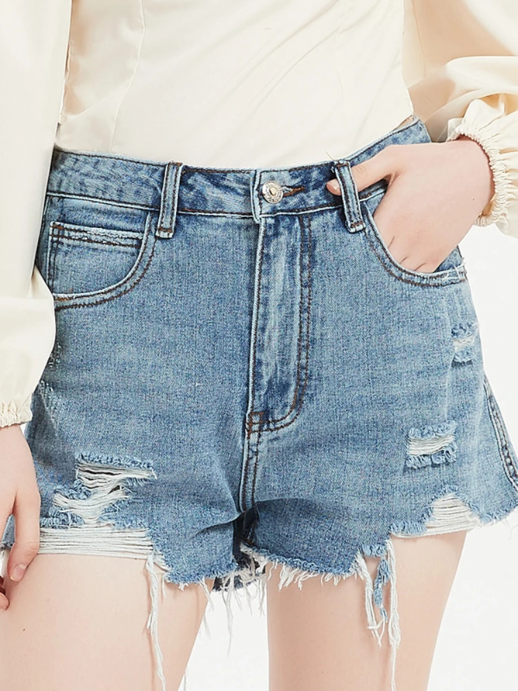 

FTLZZ New Summer High Waist Denim Shorts Women Casual Buttons Pockets Wide Leg Shorts Lady Fashion Hole Solid Color Jean Shorts