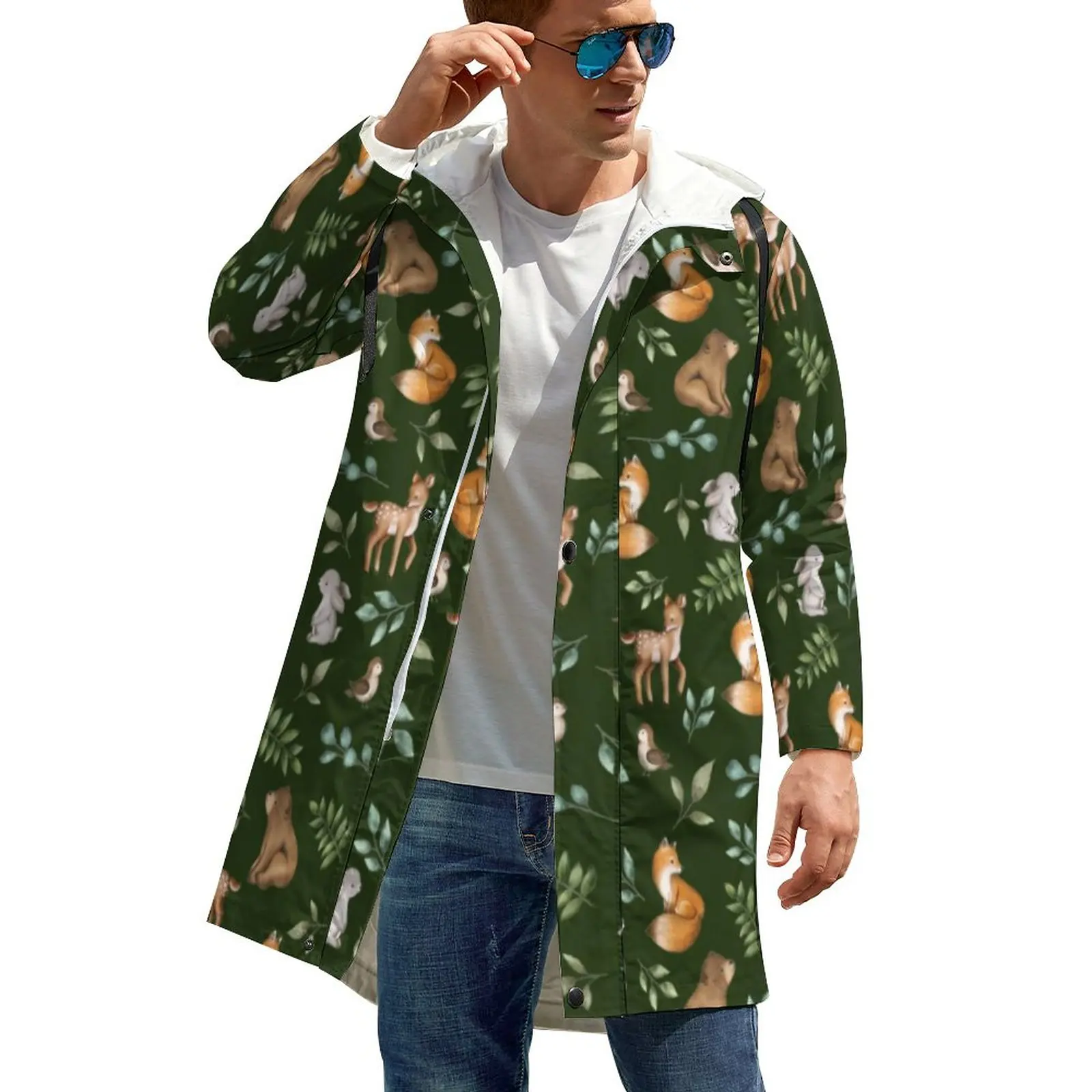 

Повседневный тренчкот с принтом лесных животных, мужские зеленые длинные осенние куртки, элегантная ветровка с графическим рисунком и капю...