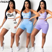fagadoer sexy strap sleeveless crop top skinny shorts two piece sets women pink letter print jogger outfit 2022 summer clothes