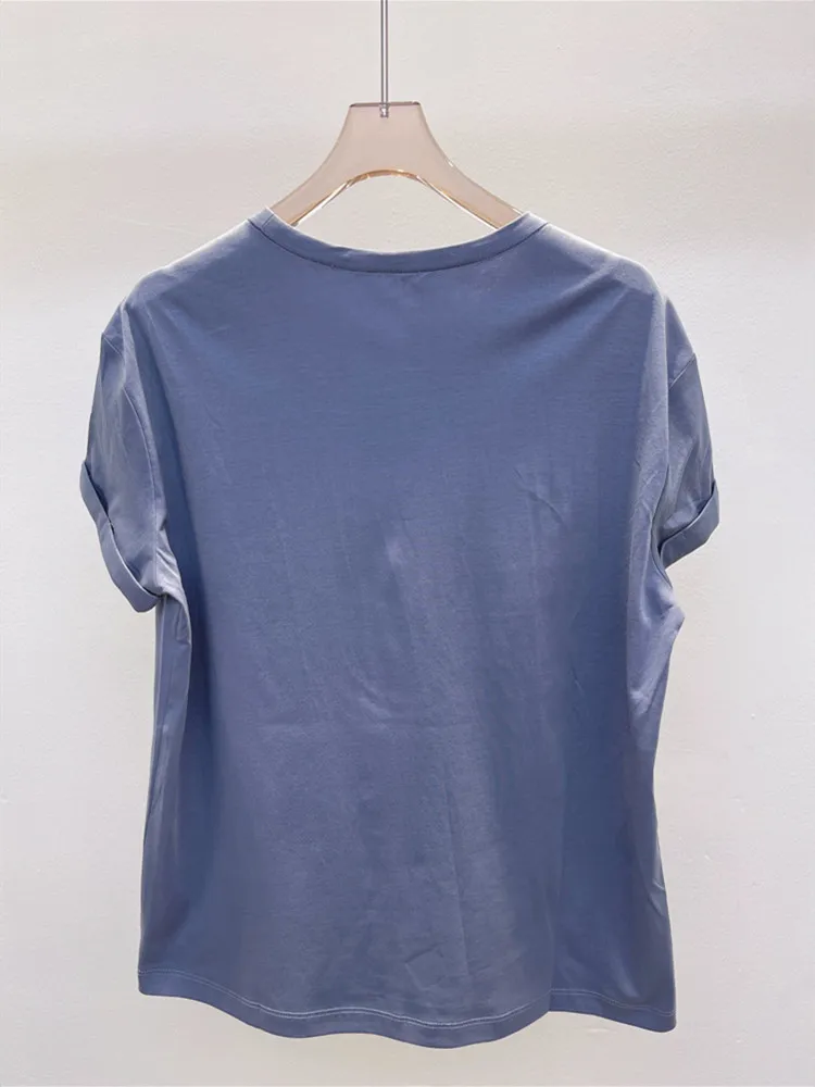 

Women's Embroidered Letter Chain 100% Cotton Tshirt Casual Short Sleeve O-Neck Edge Curl Ladies T-Shirt