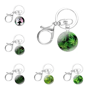 Weed Leaf Pot Kush 420 Keychain Handmade Glass Cabochon Key Ring Holder Pendant Key Chains Fashion Creative Design Cartoon