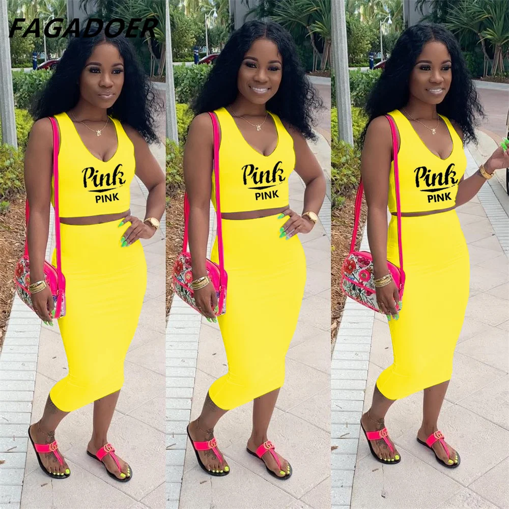 

FAGADOER Fashion Street Two Piece Set Caual PINK Letter Print Outfits Women Crop Vest+Solid Color Skinny Skirt Sets 2pcs Suits