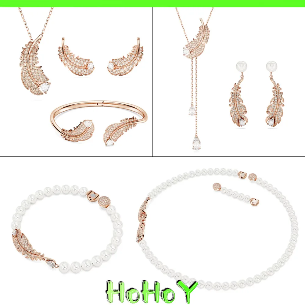 

Nice 2024 New Women's Jewelry Set Necklace Earrings Bracelets High Quality Feather Crystal Charm Christmas Gift Wholesale