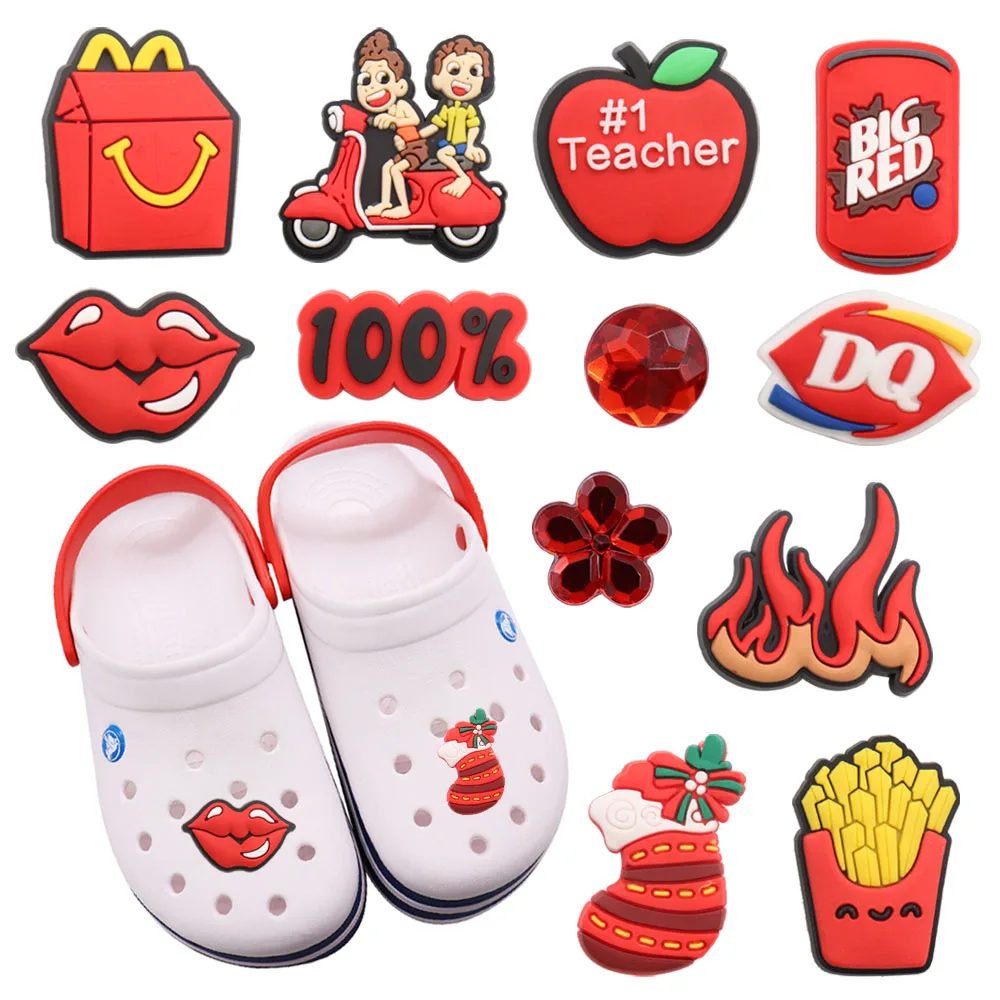 

Mix 50PCS PVC Cute Cartoon Croc Jibz Teacher Apple Lips Boy Sock Drink Flame Fries Flower Hole Slipper Decoration Accessories