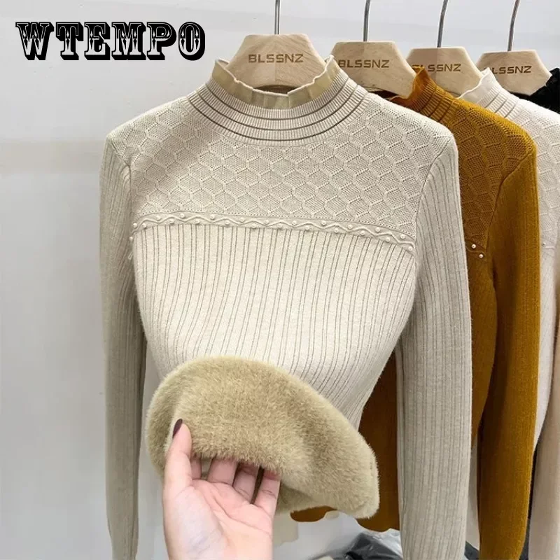 

WTEMPO Women's Long Sleeve Ruffle Trim Crewneck Sweater Fleece Lined Knitwear Loose Causal Warm Plush Jumper Pullovers Tops