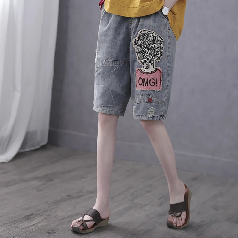 

Летние джинсовые женские шорты с эластичной талией и вышивкой, Свободные повседневные брюки до колена